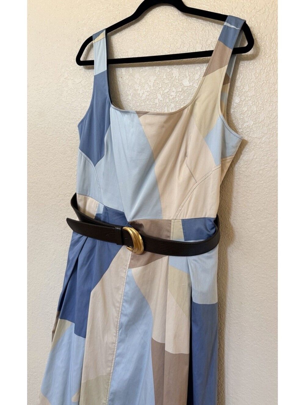 New Donna Karan Abstract Pleated Sleeveless Belted Cotton Dress Sz 14 $189 - Picture 5 of 11